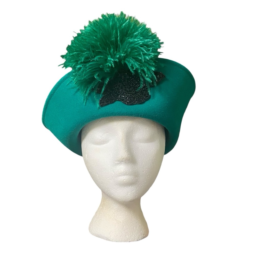 Jack McConnell VTG Green Wool Hat Ostrich Feather Church Derby Esccello Made USA